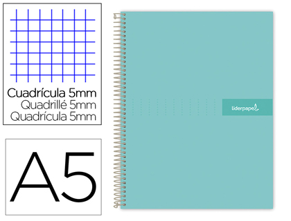 Cuaderno espiral Liderpapel Crafty A5 tapa extradura 120h micro 90g c/5mm. color turquesa